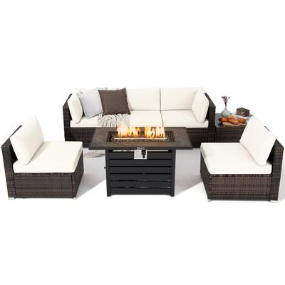 Gymax 7PCS Patio Rattan Furniture Set 42'' Fire Pit Table w/ Cover