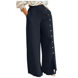 Mrat Womens Athletic Pants Full Length Pants Ladies Button-Split Wide-Leg Pants High-Waist Trousers Loose-Fitting Casual Pants Pants For Female Elegant Navy XXL