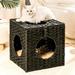 Pefilos 15.7 Square Cat Condo Wicker Kitten House Rattan Cat Bed with Rattan Ball and Cushion Black