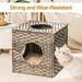 Pefilos 15.7 Inch Rattan Cat Bed Wicker Kitten House Square Condo with Rattan Ball and Cushion Gray