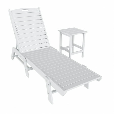 WestinTrends Malibu Outdoor Chaise Lounge with Side Table 2 Pieces All Weather Poly Lumber Patio Pool Lounger with 5 Posistions Backrest White
