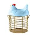 Vikakiooze Egg Organizer Colorful Design Eggs Basket Ceramic Chicken-Shaped Lid Round Wire Basket Bottom And Handle