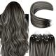 YoungSee Micro Loop Hair Extensions Silver Micro Link Hair Extensions Ombre Black to Silver Micro Beads Hair Extensions Real Hair 16 Inch 50s/50g Micro Ring Extensions Silver with Black Balayage Hair