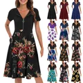 Robe trapèze évasée à imprimé floral pour femmes avec poches vintage tout match fermeture éclair