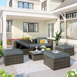 5-Piece Outdoor Patio Furniture Set Rattan Wicker Sofa Set with Adustable Backrest, Cushions, Ottomans & Lift Top Coffee Table