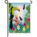 toucan bird Burlap Garden Flags for Outside tropical flowers pink hibiscus palm leaves hibiscus jungle birds House Flag Banner All Seasons Outdoor Home Decor 12.5X18 Inch
