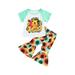 Qtinghua Toddler Baby Girls Summer Clothes Short Sleeve T-shirt Top Floral Flared Bell-Bottom Pants Outfits Yellow-Green 1-2 Years
