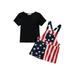 Sunisery 2Pcs Kids Toddler Girls 4th of July Outfits Short Sleeve Ribbed Tops + Stars Stripes Suspender Shorts Independence Day Set