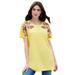 Plus Size Women's Embellished Tunic with Side Slits by Roaman's in Lemon Mist Floral Embellishment (Size 26/28) Long Shirt