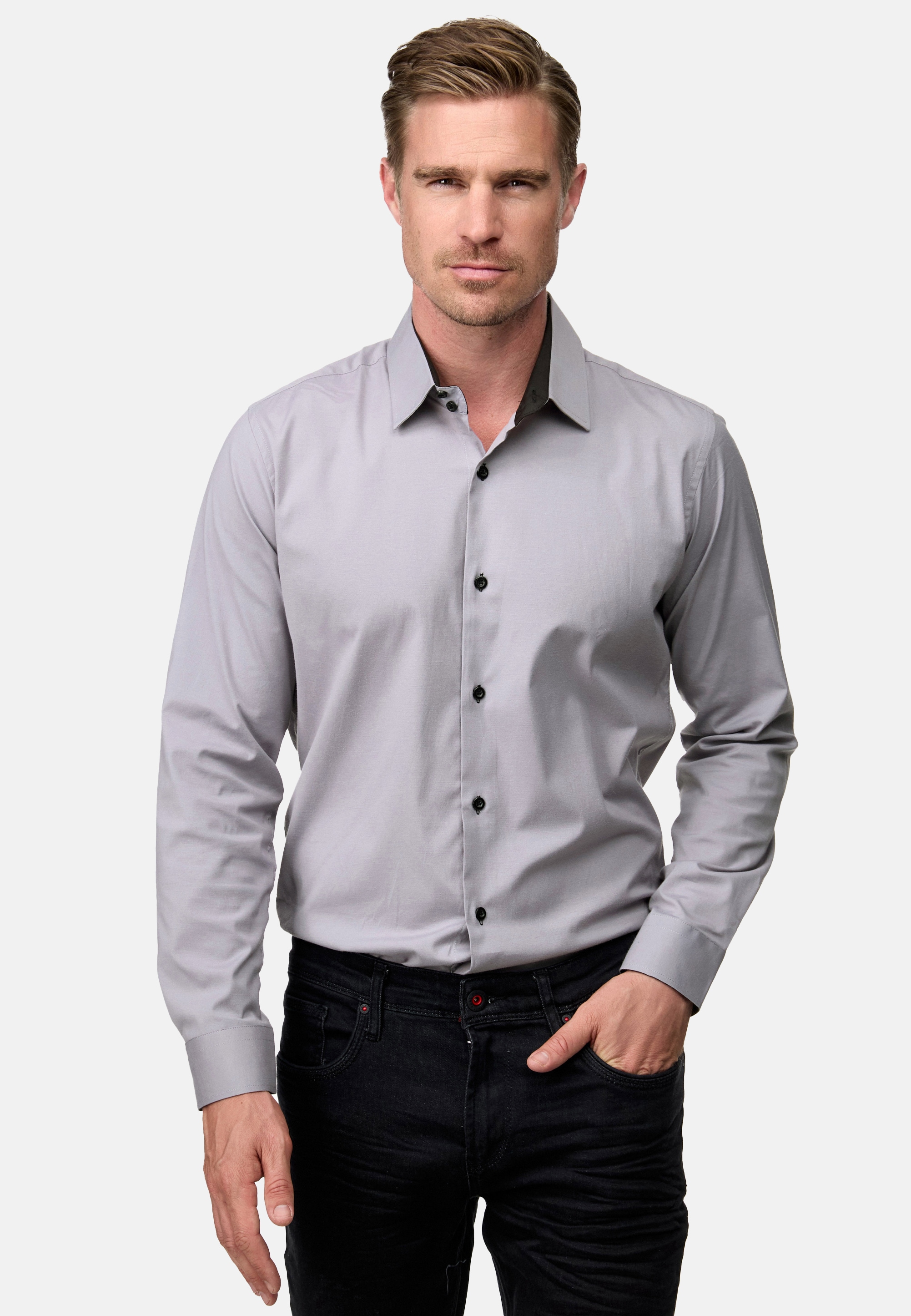 Langarmhemd RUSTY NEAL, Herren, Gr. 3XL, EURO-Größen, grau, 60% Baumwolle, 37% Polyester, 3% Elasthan, unifarben, Hemden, mit trendigem Farbkontrast Image