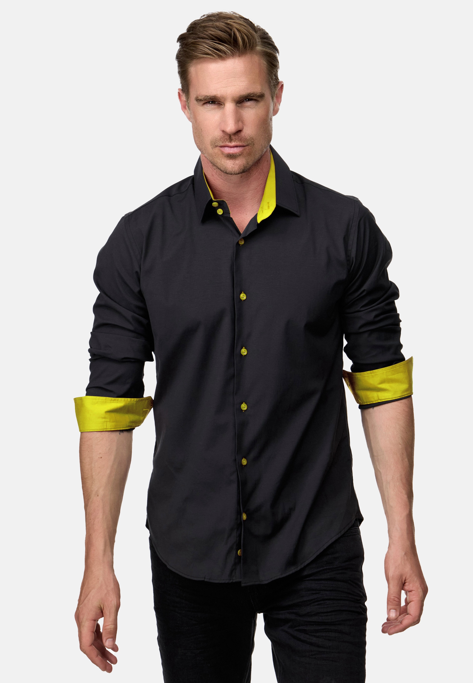 Langarmhemd RUSTY NEAL, Herren, Gr. M, EURO-Größen, schwarz (schwarz, gelb), 60% Baumwolle, 37% Polyester, 3% Elasthan, unifarben, Hemden, mit trendigem Farbkontrast