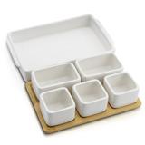 Ebern Designs Appetizer Serving Tray Condiment Server w/ Bamboo Tray 7 Pieces Set, Ceramic All Ceramic in White | 2 H x 6 W x 9 D in | Wayfair