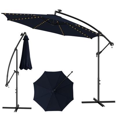 Costway 10 Feet Patio Offset Umbrella with 112 Solar-Powered LED Lights-Beige-Navy