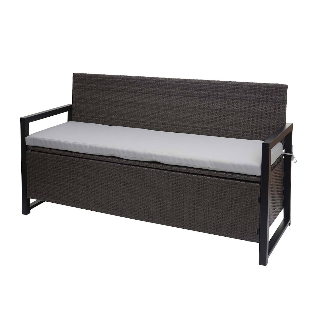 Mendler Poly-Rattan 3er Sitzbank HWC-F39, Gartenbank Truhenbank, Staufach Aufbewahrung Sitzkissen ~ grau, Kissen grau Image