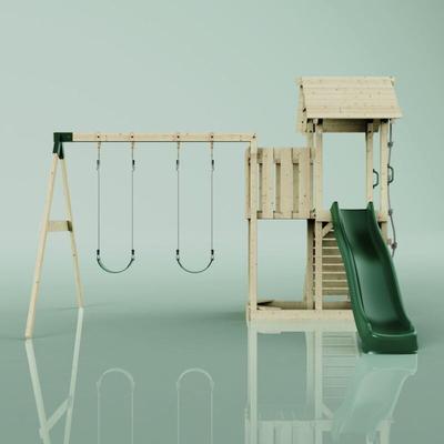 Rebo Spielturm mit Wellenrutsche und 2x Kinder-Schaukel Outdoor Klettergerüst Garten mit Plattform