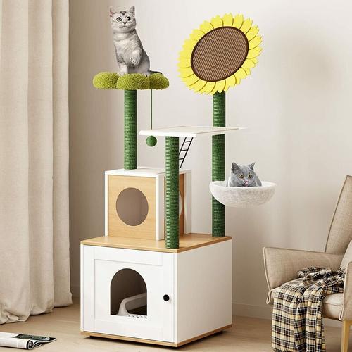 Soges - Katzenbaum mit Katzentoilette, verstecktes Katzenwaschraum mit Kratzpfosten, Katzenbaumturm
