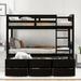 Twin Over Twin Bunk Bed with Trundle & 3 Drawers for Kids Bedroom, Solid Pine Wood Bunkbed Frame with Safety Guardrails & Ladder