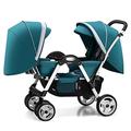 Tandem Double Umbrella Stroller Lightweight Double Stroller for Infant and Toddler,Multi-Position Reversible & Reclining Seats,Large Storage Basket and Canopy (Color : Green)