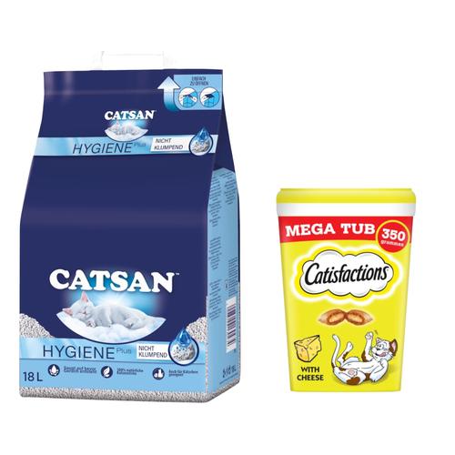 18 l Hygiene plus Catsan Katzenstreu + 2 x 350 g Megatub mit Käse Dreamies Katzensnacks zum...