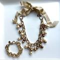 J. Crew Jewelry | J. Crew Xl Pearl And Gold Necklace & Bracelet Ribbon Tie | Color: Gold/Tan | Size: Os