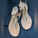 Coach Shoes | Coach “Cassandra” Leather Tan Straps Metallic Accents Sandals 9.5b Us 39.5 Eu | Color: Silver/Tan | Size: 9.5