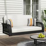 Seizeen 2-Person Porch Swing Bench Outdoor All Weather Black Wicker Swing Bench with Beige Cushion Pillow and Adjustable Chains Hanging Loveseat Sofa for Patio Balcony Deck Garden Backyard