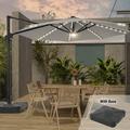 FLAME&SHADE 11ft LED Outdoor Cantilever Market Umbrella w/a Base Solar Energy Hanging Patio Umbrella w/ Aluminum Frame for Commercial Street Yard and Beach Gray