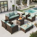 Sophia & William 8 Pieces Wicker Patio Furniture Set 9-Seat Outdoor Conversation Set with Fire Pit Table Blue