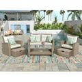 4 Pieces Outdoor Patio Furniture Sets PE Wicker Rattan Conversation Set with Glass Coffee Table and Chair All Weather Sectional Sofa with Ottoman and Cushions for Backyard Balcony Lawn Beige