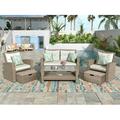 4 Pieces Outdoor Patio Furniture Sets PE Wicker Rattan Conversation Set with Glass Coffee Table and Chair All Weather Sectional Sofa with Ottoman and Cushions for Backyard Balcony Lawn Beige