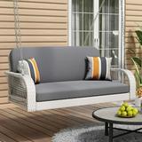 Seizeen 2-Person Porch Swing Bench Outdoor All Weather White Wicker Swing Bench with Gray Cushion Pillow and Adjustable Chains Hanging Loveseat Sofa for Patio Balcony Deck Garden Backyard