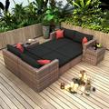 10 Pieces Outdoor Furniture Patio Rattan Loveseat All Weather Sectional PE Sofa Conversation Set with Ottoman Coffee Table Garden Lawn Pool Backyard Black Cushions and Red Pillows