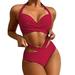 iOPQO swimsuit women Women Tow Piece Vintage Printing Swimsuit Two Piece Retro Halter Ruched Wrap Front High Waist Crop Tops+Shorts Two Piece Swimwear Halter Tankini Swimwears Tankinis Set Red S