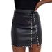 iOPQO skirts for women Women Leather Skirts Studded Decor High Waist Mini Skirt A Line Slit Mini PU Skirt Streetwear Skirt Black L