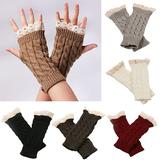 Women Fingerless Lace Gloves Soft Knitted Warm Long Mitten Wrist Warmer Winter Gift Khaki
