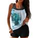 iOPQO Swimsuit Women Two Piece Tankini Swimsuits For Women Water Color Print Printed Mesh Patchwork Tank Top With Boyshorts Tummy Control Bathing Suits Swimwears Tankinis Set Green Xl