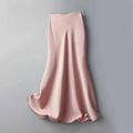 PIKADINGNIS Spring Elegant Satin Mid-long Skirt Women Fashion Temperament High Waist A-line Skirts Elastic Solid Casual Skirt