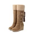 QAZW High boots women with heel Long boots women sexy flat winter boots Vintage long shaft slip-on boots with fringes women flat casual cowboy boots non-slip winter boots,Brown-38(EU)