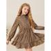 Long Sleeve Girls Leopard Print Flounce Sleeve Ruffle Hem Dress Skirts S221905X Coffee Brown 7Y(48IN)