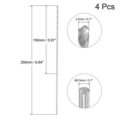 High Speed Steel Extended Twist Drill Bits 2mm Drill Dia. 250mm Length 4 Pcs