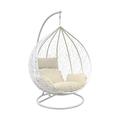 Rattan Egg Chair Swing Garden Hanging Seat Hammock with Cushions Stand for Outdoor Patio Indoor (White Egg Chair & White Cushion)