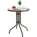 Love & Peace 24 x 24 Outdoor Bistro Table Metal Round Patio Side Table Outdoor Coffee Table Furniture Garden Backyard Dining Table W/Elegant Water Ripple Glass Table Top Brown
