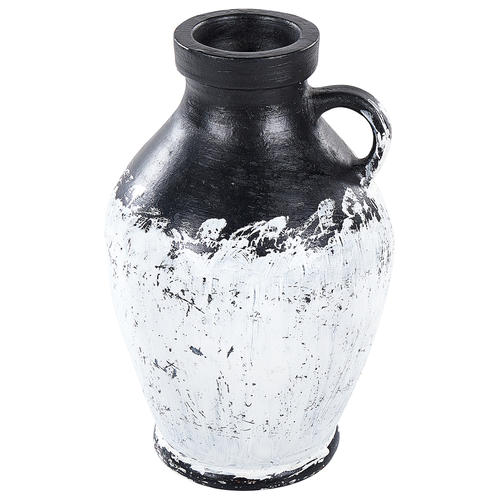 Dekorative Vase weiß und schwarz aus Terrakotta 33 cm handgefertigt bemalt Retro Vintage inspiriertes Design