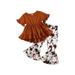 Qtingh Toddler Baby Girls Summer Outfits Short Sleeve Ruffle Hem Dress Top Cow Print Flared Pants 2Pcs Clothes Khaki 3-4 Years