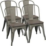 Set of 4 Metal Stackable Dining Chairs with Wooden Seat