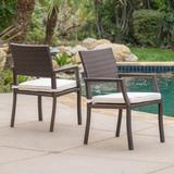 Outdoor Brown Wicker Dining Chairs with White Waterproof Cushions (Set of 2)