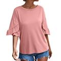 XINSHIDE Blouses Womens Solid Color Crew Neck Double Layer Ruffle Sleeve Loose Tops Blouses Shirt Women Tops And Bloues