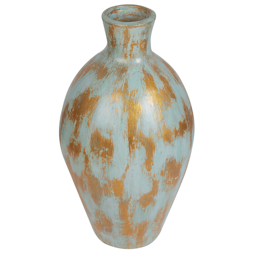 Dekorative Vase aus Terrakotta blau und gold gealterter Oberfläche im natürlichen Stil für Trockenblumen