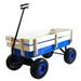 Outdoor Wagon Cart All Terrain Pulling Garden Garden Cart Steel Hand Cart with Removable Wooden Railing & Air Tires Big Foot Panel Wagon Children Pull-Along Wagon with Extra-long Handle Blue
