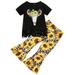 Toddler Kids Girls Outfits Short Sleeves Cow Head Sunflowers Top Outfits Set Bell Bottom Pants Flared Girls Outfits Outfits Set